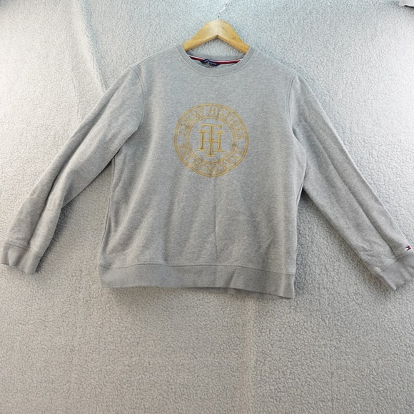 Tommy Hilfiger Mens L Crew Neck Sweatshirt Gray Gold Logo Pullover Spellout - Picture 1 of 6